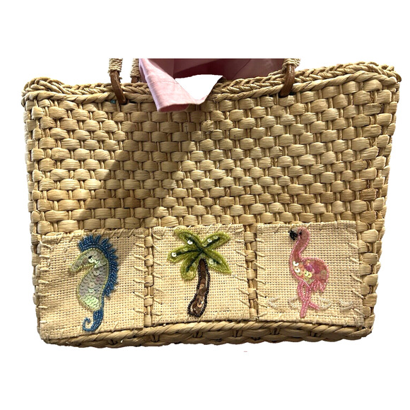 Women’s Beach Beige Straw Woven Square Medium Tote Bag Purse Beads and Sequins - Picture 1 of 7